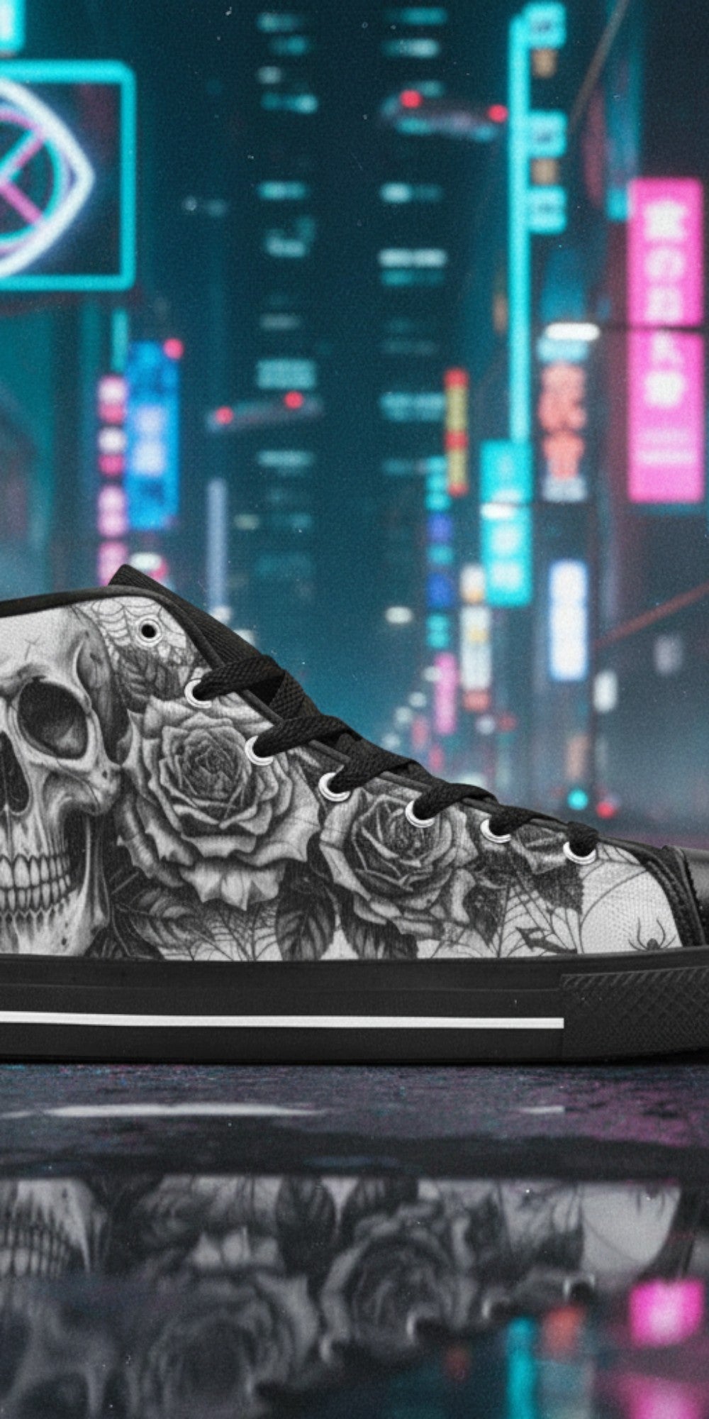 Women's Dark Art Gothic Skull custom high-top canvas shoes — wearable art by Freaky Shoes