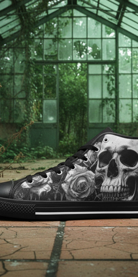 Freaky Shoes® women's black and white high top canvas sneakers featuring a gothic skull and rose print design.
