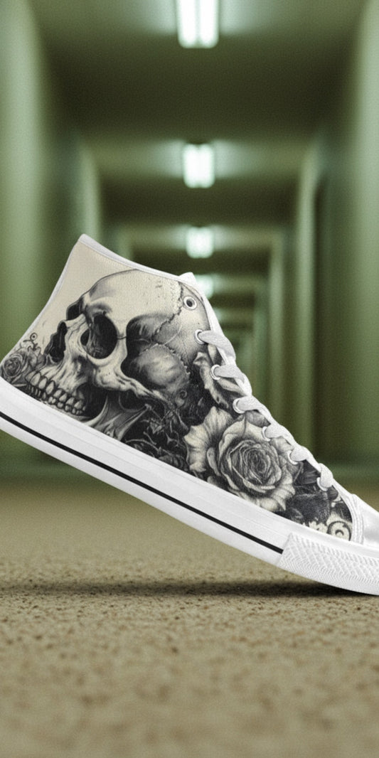 Men's Black White Skull Gothic Art custom high-top canvas shoes — wearable art by Freaky Shoes