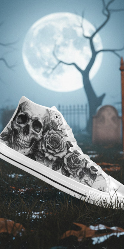 Men's Gothic Dark Skull Art high-top canvas shoes, custom full-wrap printed design — Freaky Shoes