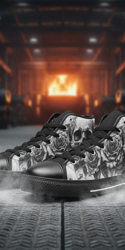 Men's Goth Skull Art Dark Gothic hand-made high-top canvas shoes — unique wearable art by Freaky Shoes