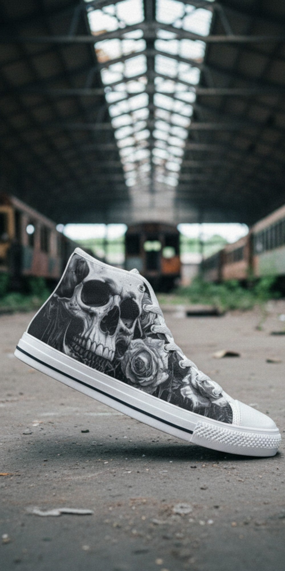 Men's Greyscale Skull Art Dark Gothic high-top canvas shoes, custom full-wrap printed design — Freaky Shoes
