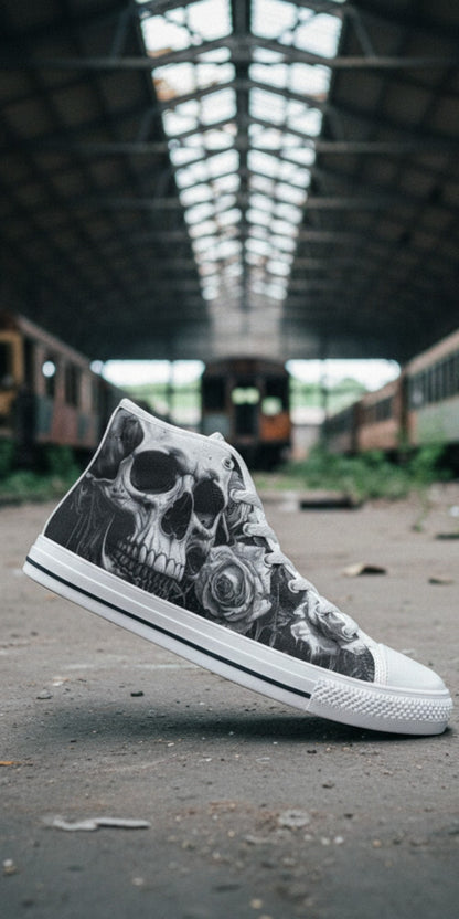 Men's Greyscale Skull Art Dark Gothic high-top canvas shoes, custom full-wrap printed design — Freaky Shoes