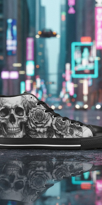 Women's Dark Art Gothic Skull hand-made high-top canvas shoes — unique wearable art by Freaky Shoes