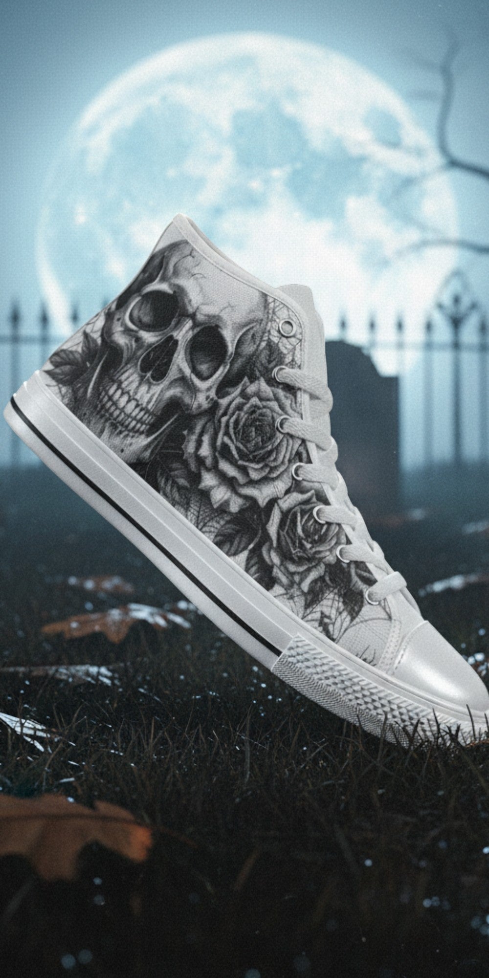 Custom Men's Gothic Dark Skull Art high-top canvas shoes with bold all-over art — Freaky Shoes