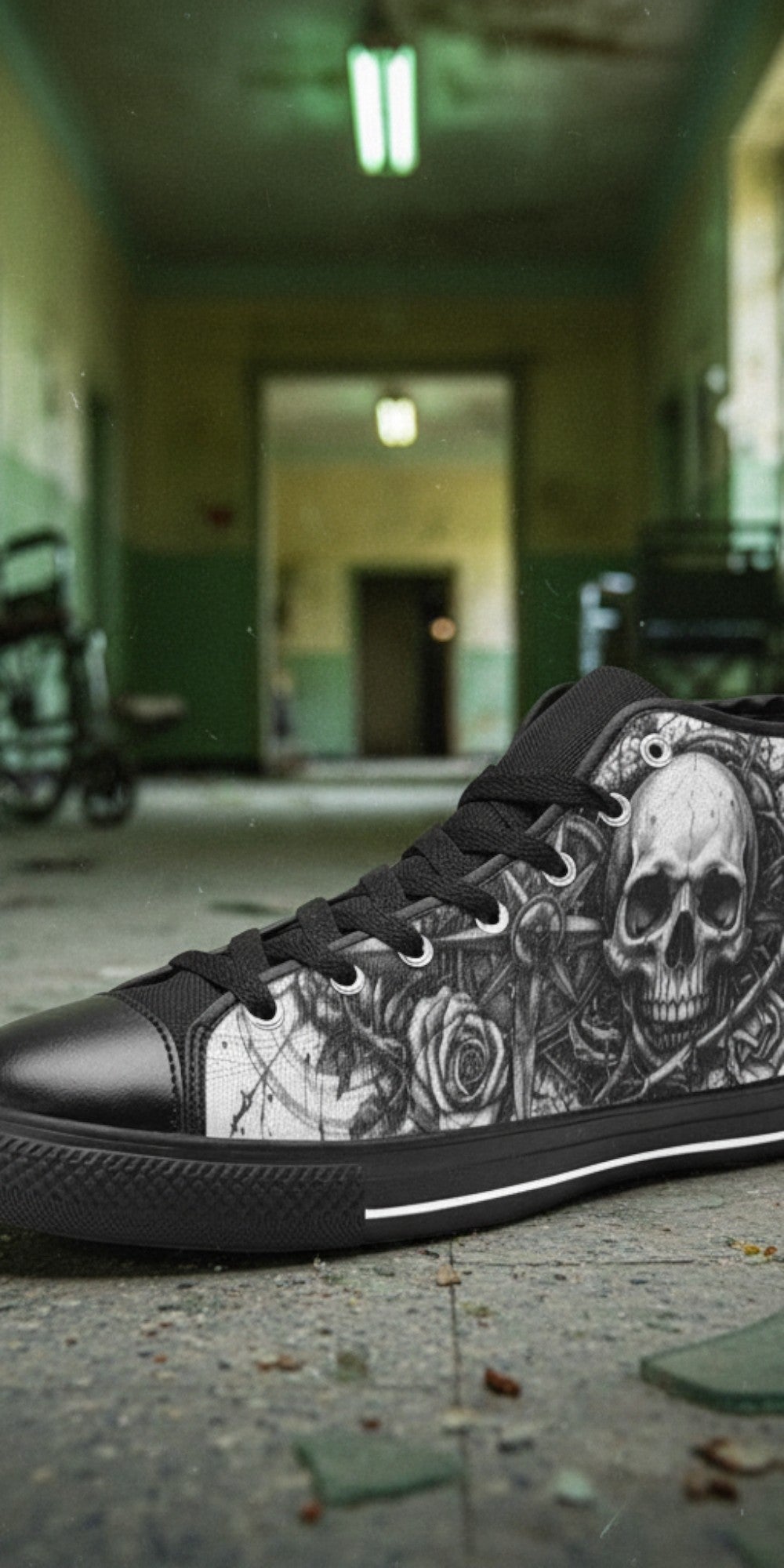 Men's Dark Gothic Art Skull hand-made high-top canvas shoes — unique wearable art by Freaky Shoes