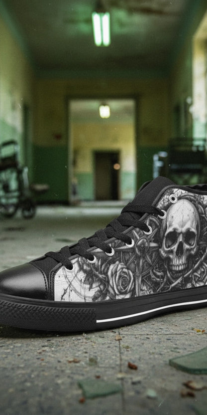 Men's Dark Gothic Art Skull hand-made high-top canvas shoes — unique wearable art by Freaky Shoes