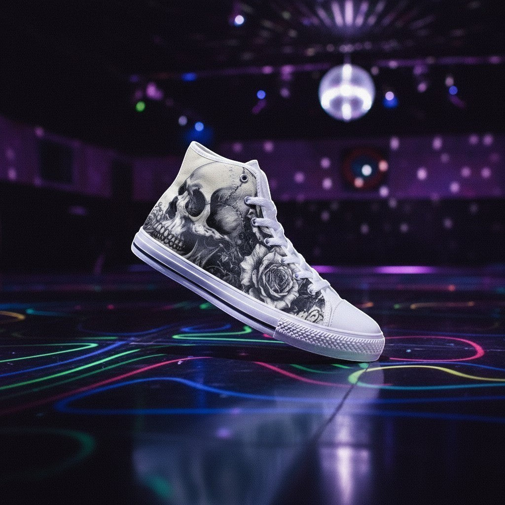 Women's Gothic Skull Art Dark Rose Collection high-top canvas shoes — one-of-a-kind custom printed art, Freaky Shoes