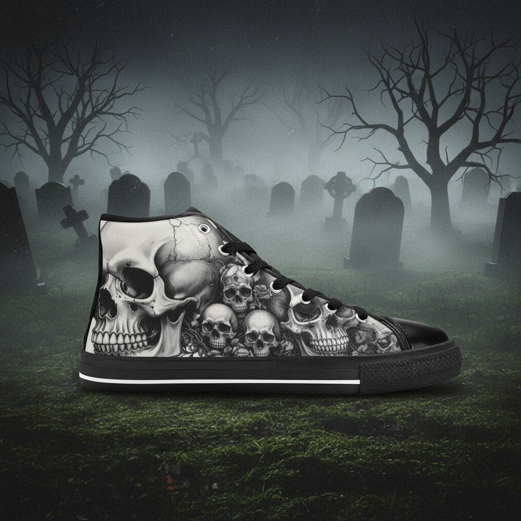Women's Dark Rose Grey Skull Gothic high-top canvas shoes, custom full-wrap printed design — Freaky Shoes