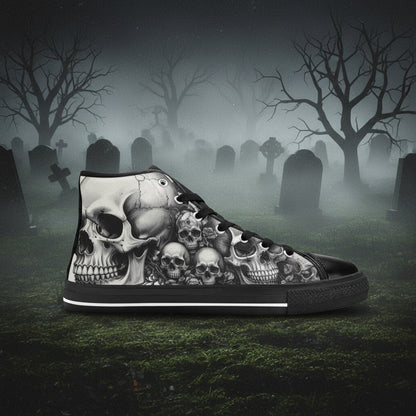 Women's Dark Rose Grey Skull Gothic high-top canvas shoes, custom full-wrap printed design — Freaky Shoes