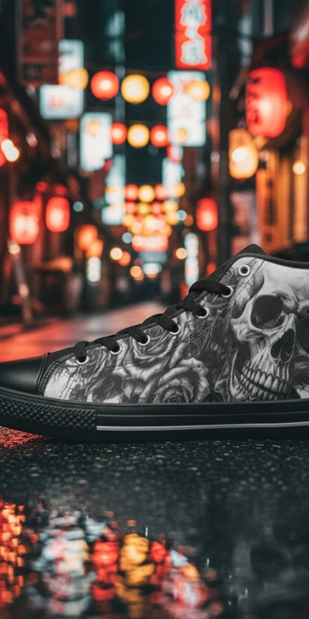Custom Men's Grey Gothic Dark Skull Art high-top canvas shoes with bold all-over art — Freaky Shoes