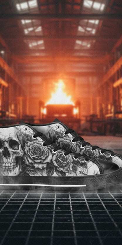 Men's Goth Skull Art Dark Gothic high-top canvas shoes — one-of-a-kind custom printed art, Freaky Shoes