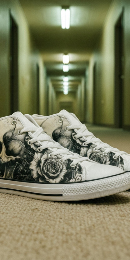 Custom Men's Black White Skull Gothic Art high-top canvas shoes with bold all-over art — Freaky Shoes