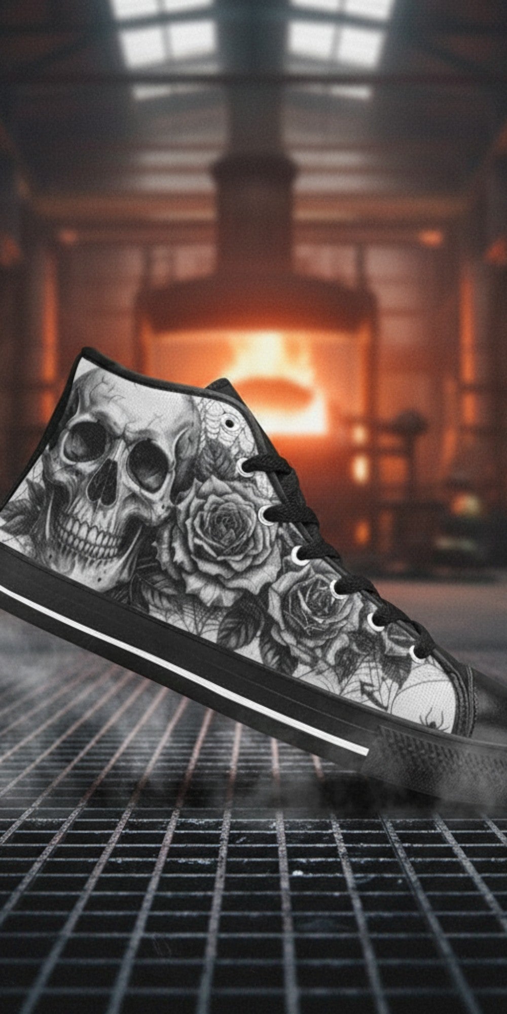 Men's Goth Skull Art Dark Gothic high-top canvas shoes — one-of-a-kind custom printed art, Freaky Shoes