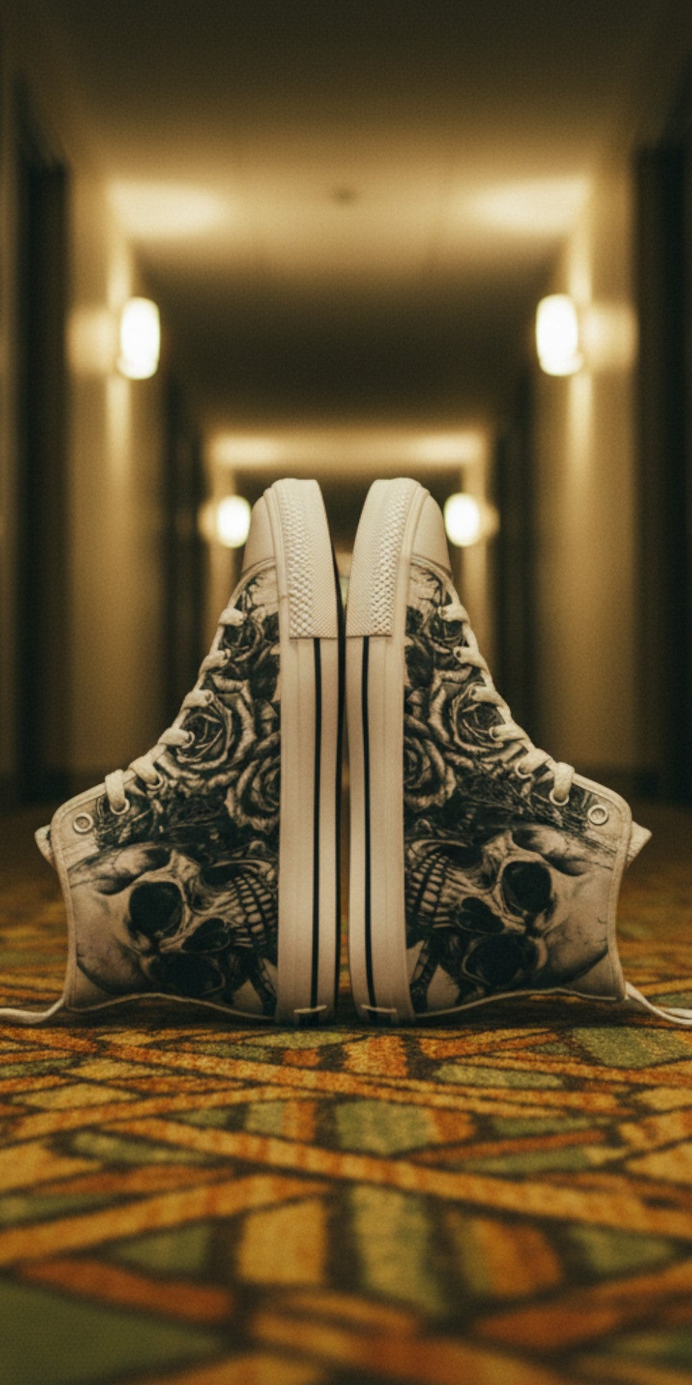 Women's Tattoo Skull Art Dark Gothic custom high-top canvas shoes — wearable art by Freaky Shoes
