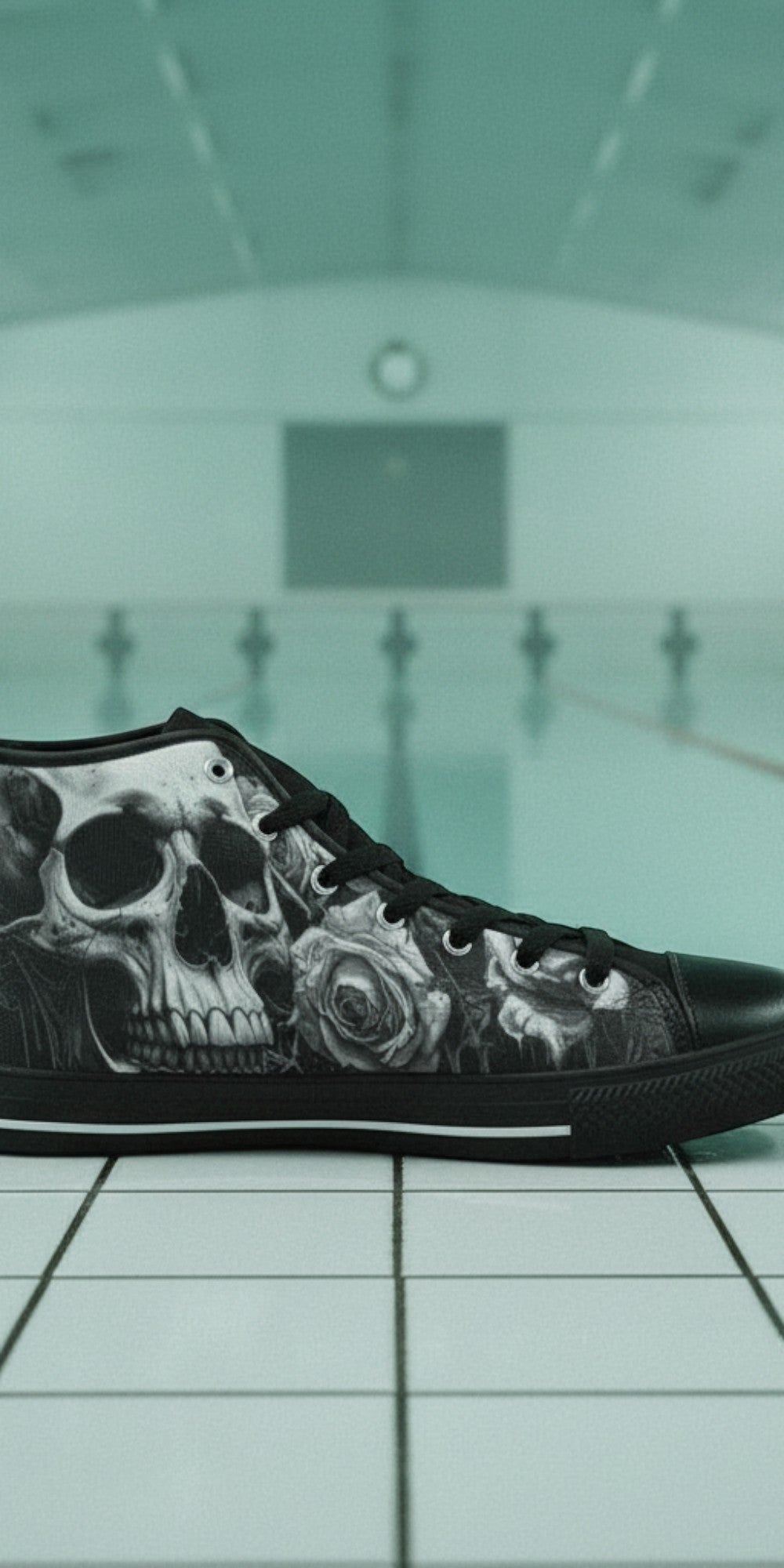 Custom Women's Dark Greyscale Gothic Skull high-top canvas shoes with bold all-over art — Freaky Shoes