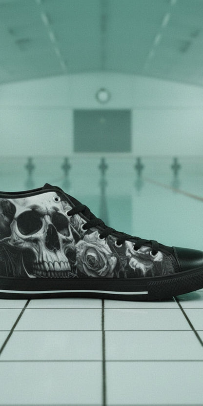 Custom Women's Dark Greyscale Gothic Skull high-top canvas shoes with bold all-over art — Freaky Shoes