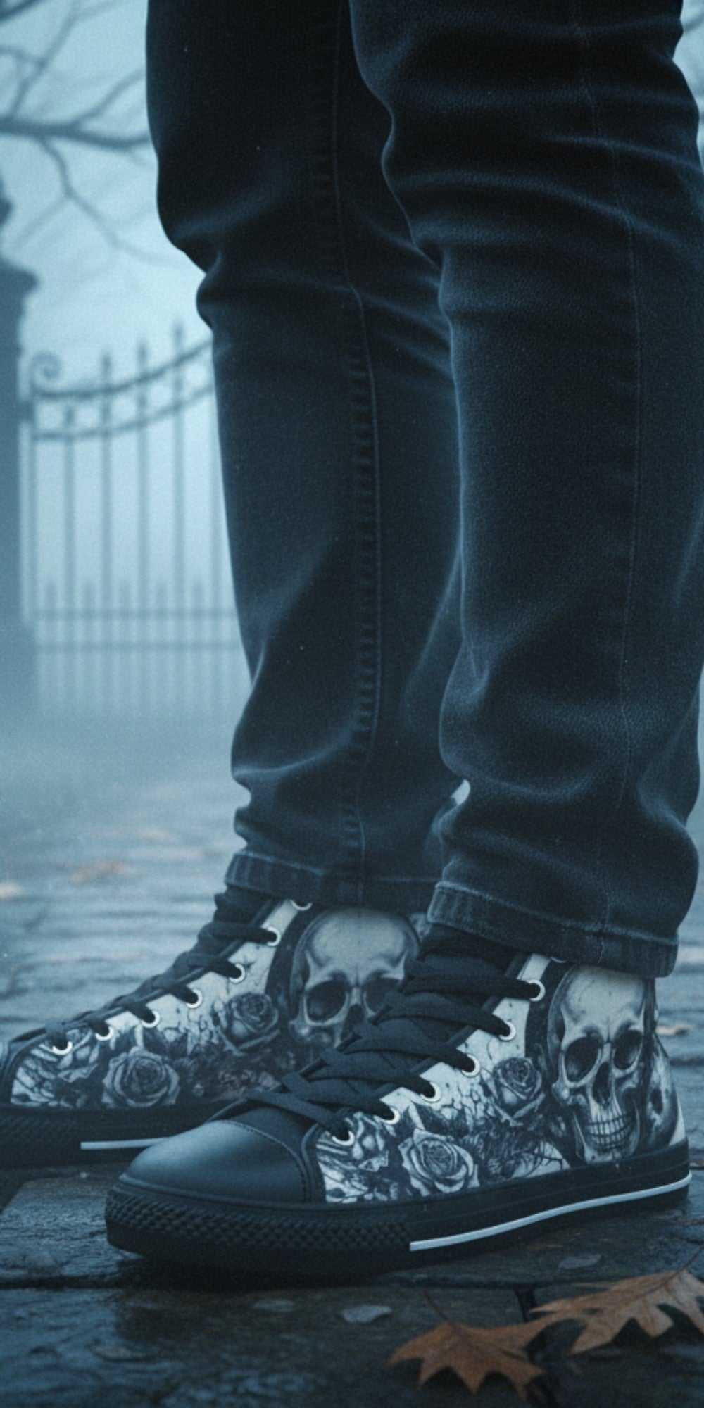 Freaky Shoes® high top canvas sneakers featuring a gothic grey skull and rose print, worn on a misty path.