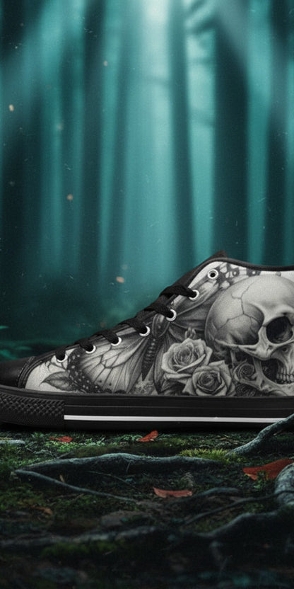 Women's Dark Skull Moon Gothic Dark Art hand-made high-top canvas shoes — unique wearable art by Freaky Shoes