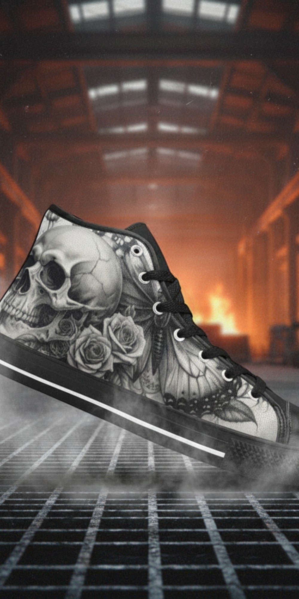 Men's Gothic Moon Skull Dark Art hand-made high-top canvas shoes — unique wearable art by Freaky Shoes