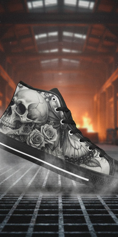 Men's Gothic Moon Skull Dark Art hand-made high-top canvas shoes — unique wearable art by Freaky Shoes