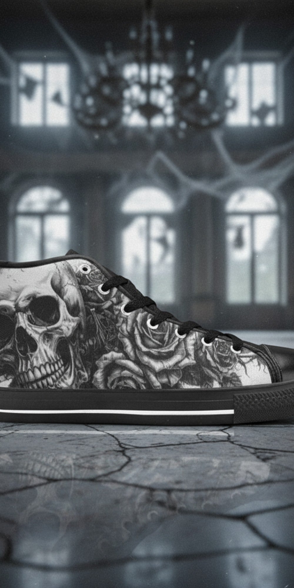 Women's Dark Skull Art Gothic high-top canvas shoes — one-of-a-kind custom printed art, Freaky Shoes