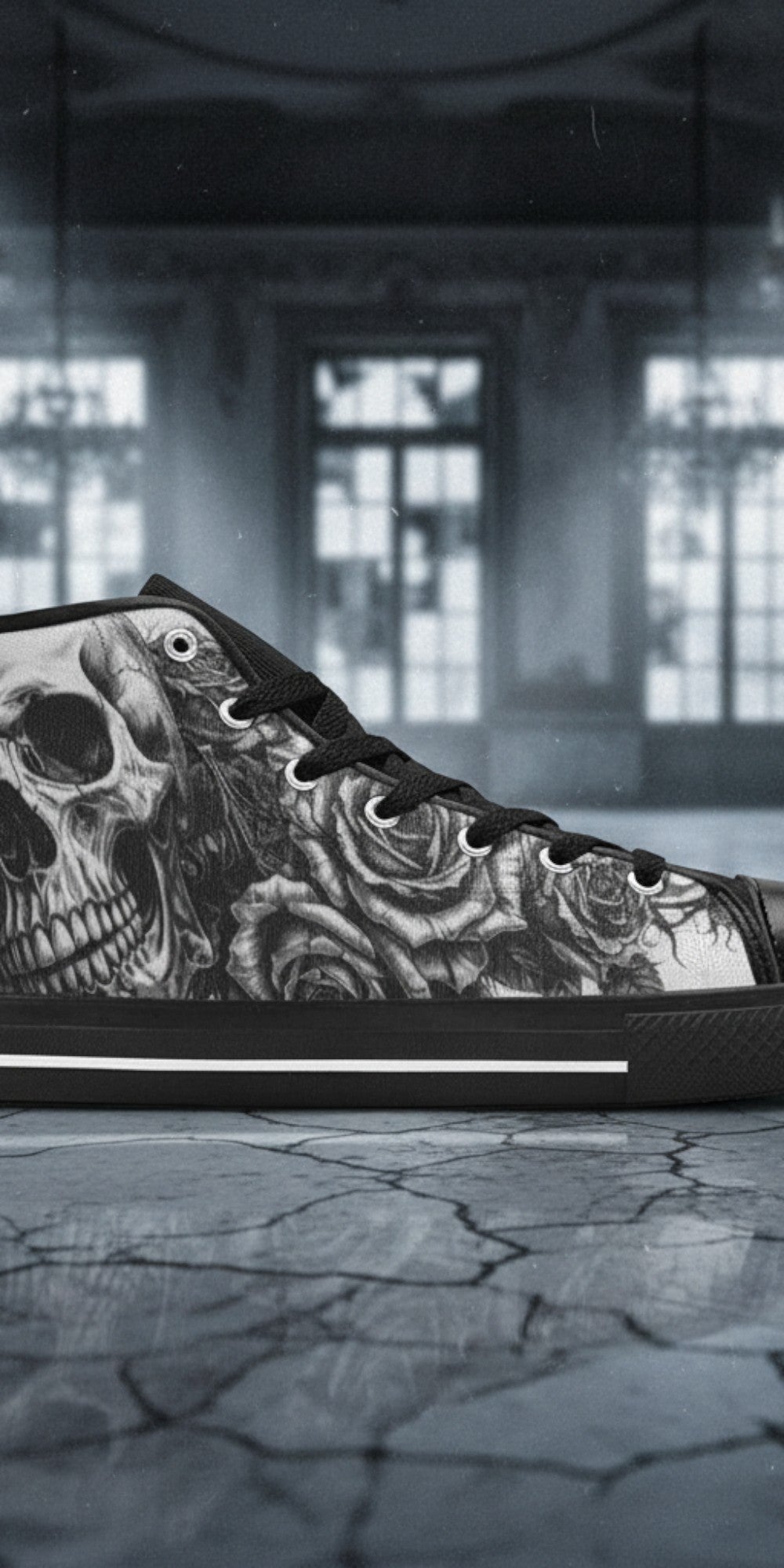 Women's Dark Skull Art Gothic high-top canvas shoes, custom full-wrap printed design — Freaky Shoes