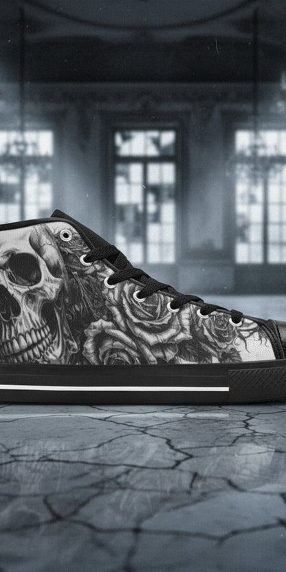 Women's Dark Skull Art Gothic high-top canvas shoes, custom full-wrap printed design — Freaky Shoes