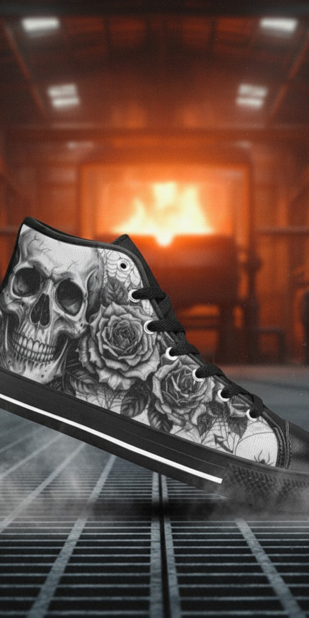 Custom Men's Goth Skull Art Dark Gothic high-top canvas shoes with bold all-over art — Freaky Shoes