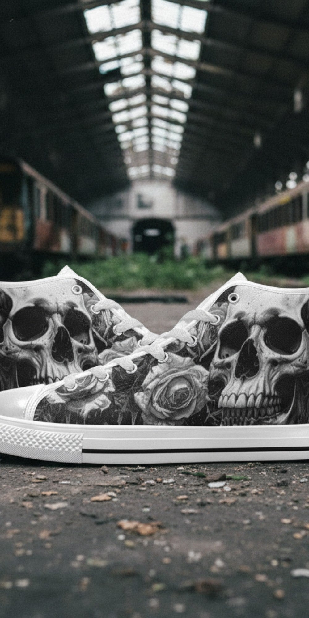 Men's Greyscale Skull Art Dark Gothic custom high-top canvas shoes — wearable art by Freaky Shoes
