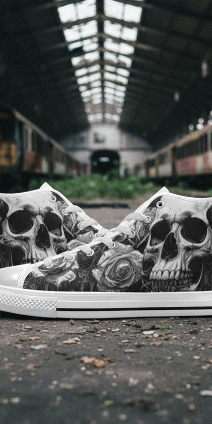 Men's Greyscale Skull Art Dark Gothic custom high-top canvas shoes — wearable art by Freaky Shoes