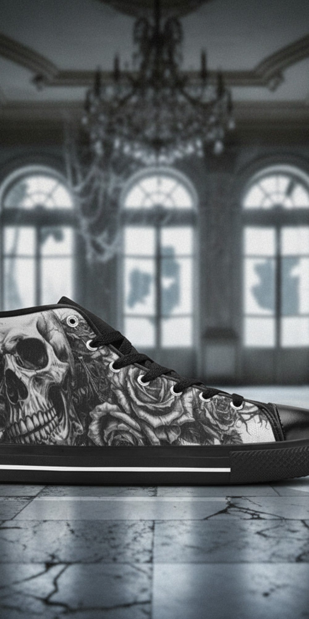 Women's Dark Skull Art Gothic high-top canvas shoes, custom full-wrap printed design — Freaky Shoes