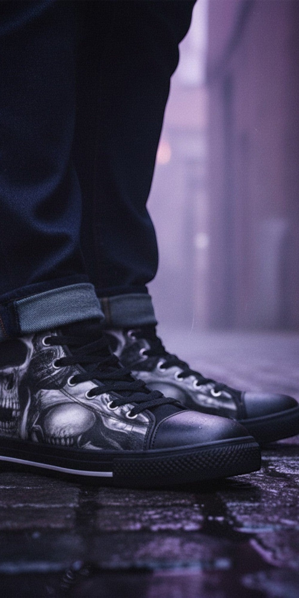Freaky Shoes® Gothic dark skull rose high top canvas sneakers with black rubber soles worn in a moody urban alley.