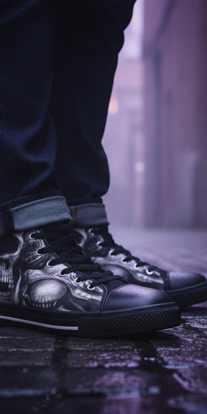 Freaky Shoes® Gothic dark skull rose high top canvas sneakers with black rubber soles worn in a moody urban alley.