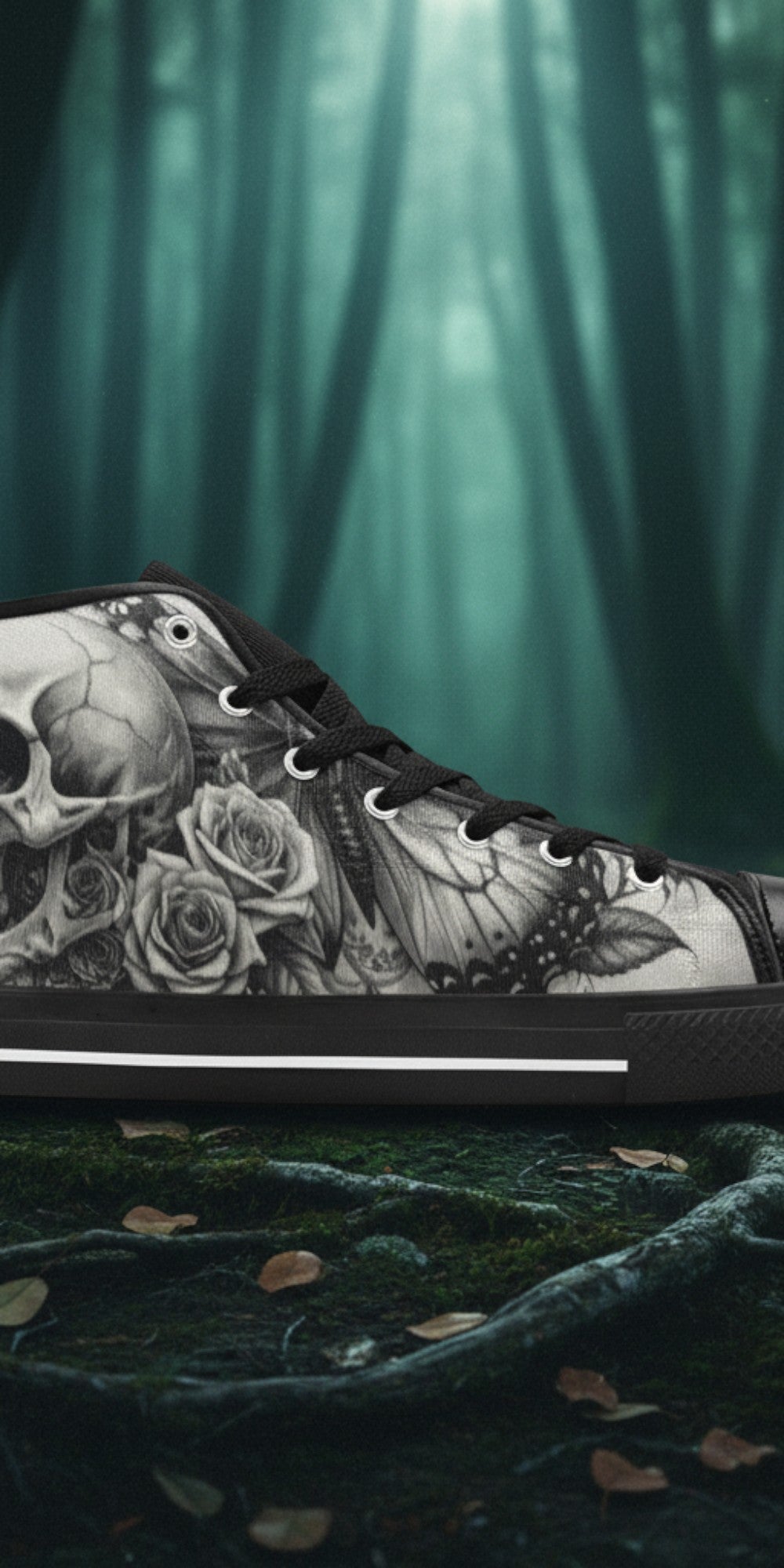 Women's Dark Skull Moon Gothic Dark Art high-top canvas shoes, custom full-wrap printed design — Freaky Shoes