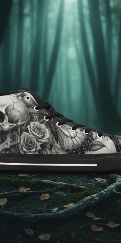 Women's Dark Skull Moon Gothic Dark Art high-top canvas shoes, custom full-wrap printed design — Freaky Shoes
