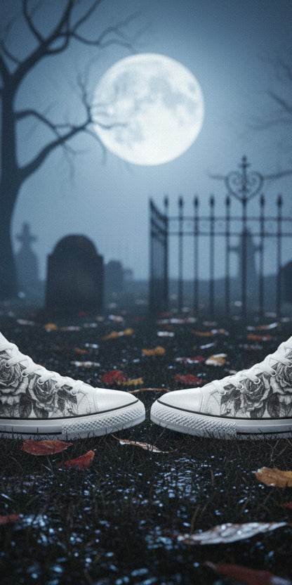 Men's Gothic Dark Skull Art high-top canvas shoes — one-of-a-kind custom printed art, Freaky Shoes