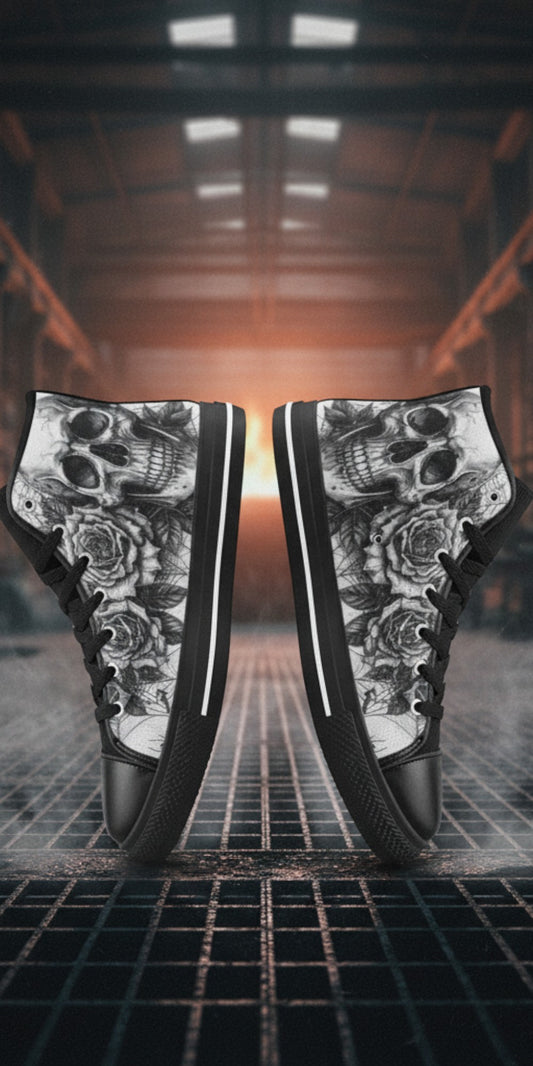 Freaky Shoes® women's black and white high top canvas sneakers featuring a detailed gothic skull and rose art print.