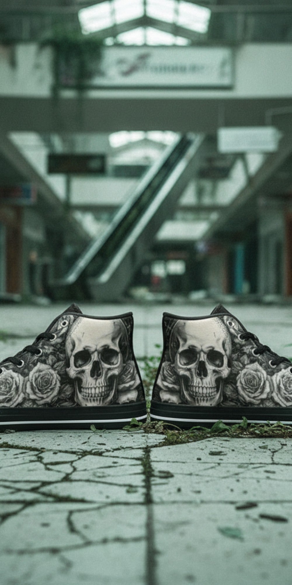 Men's Grey Skull & Wings Dark Gothic high-top canvas shoes — one-of-a-kind custom printed art, Freaky Shoes