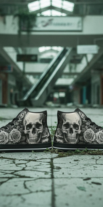Men's Grey Skull & Wings Dark Gothic high-top canvas shoes — one-of-a-kind custom printed art, Freaky Shoes