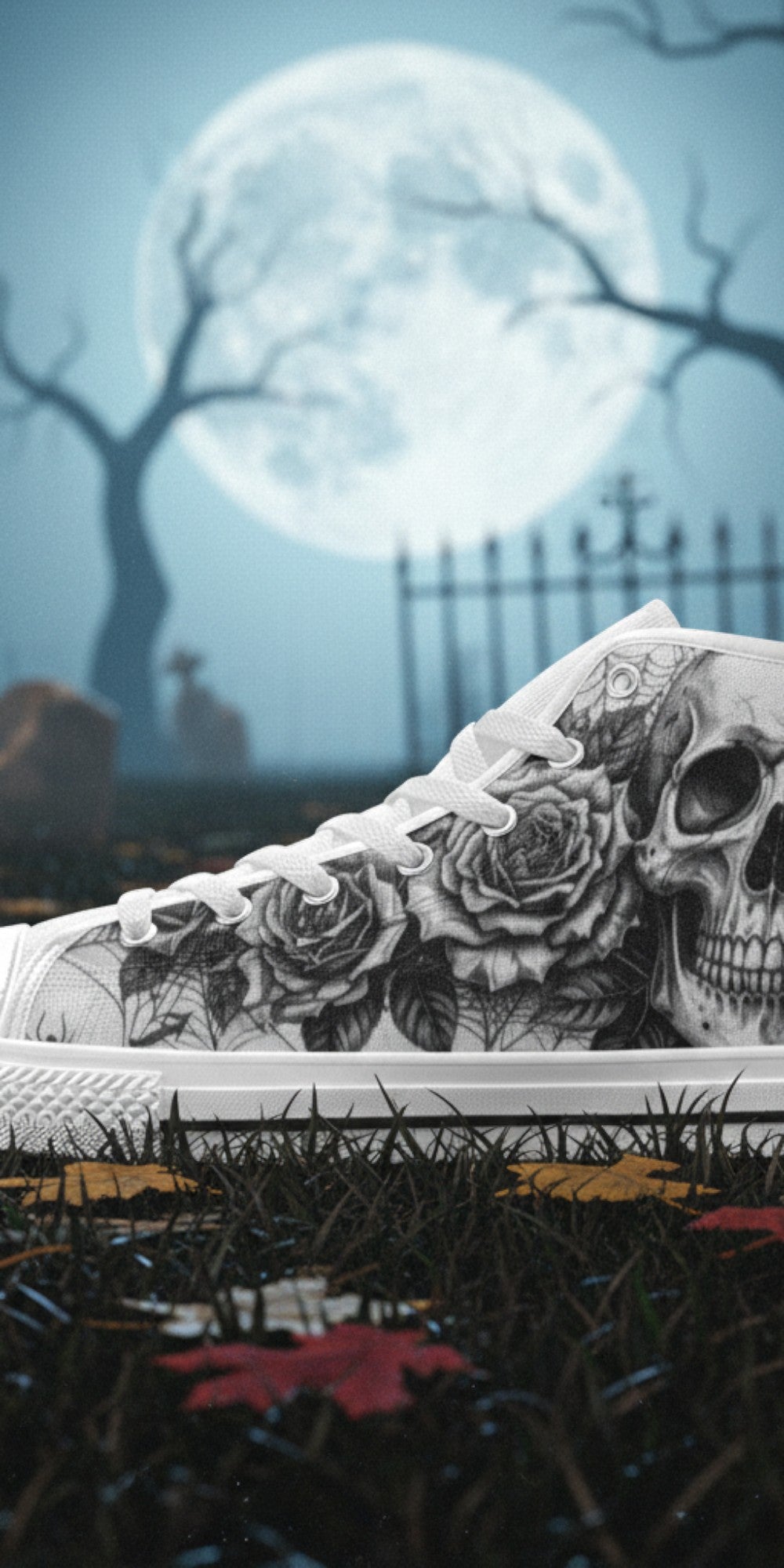 Men's Gothic Dark Skull Art custom high-top canvas shoes — wearable art by Freaky Shoes