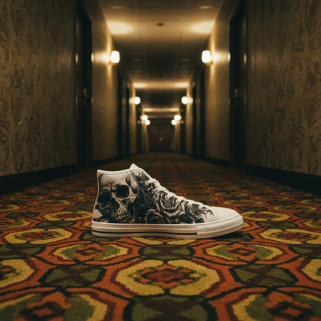 Women's Tattoo Skull Art Dark Gothic hand-made high-top canvas shoes — unique wearable art by Freaky Shoes