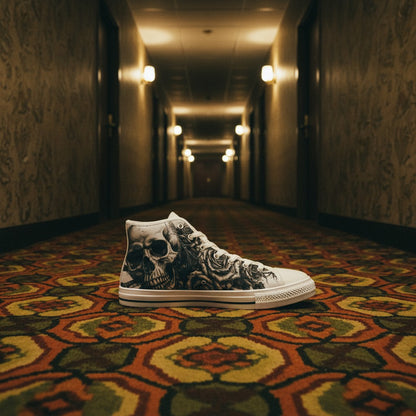 Women's Tattoo Skull Art Dark Gothic hand-made high-top canvas shoes — unique wearable art by Freaky Shoes