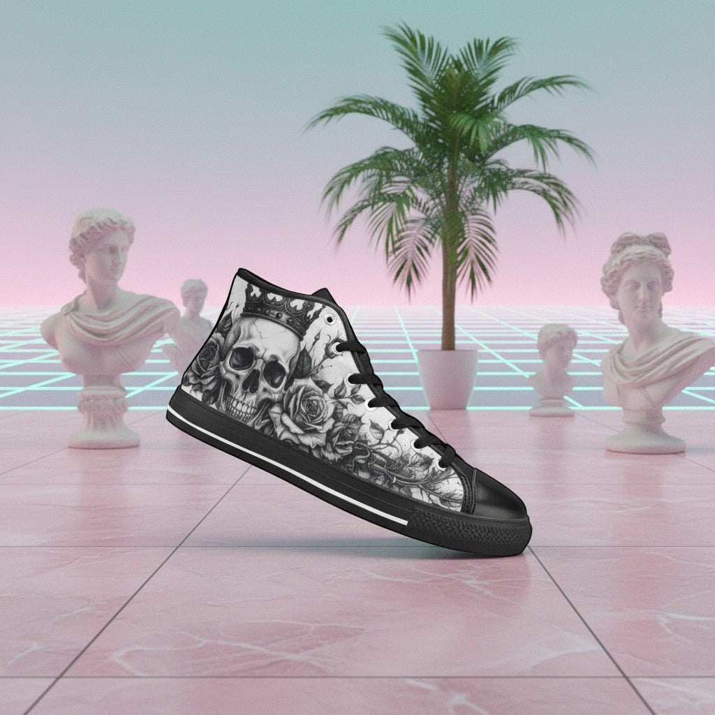 Women's Horror Skull Dark Art Gothic hand-made high-top canvas shoes — unique wearable art by Freaky Shoes