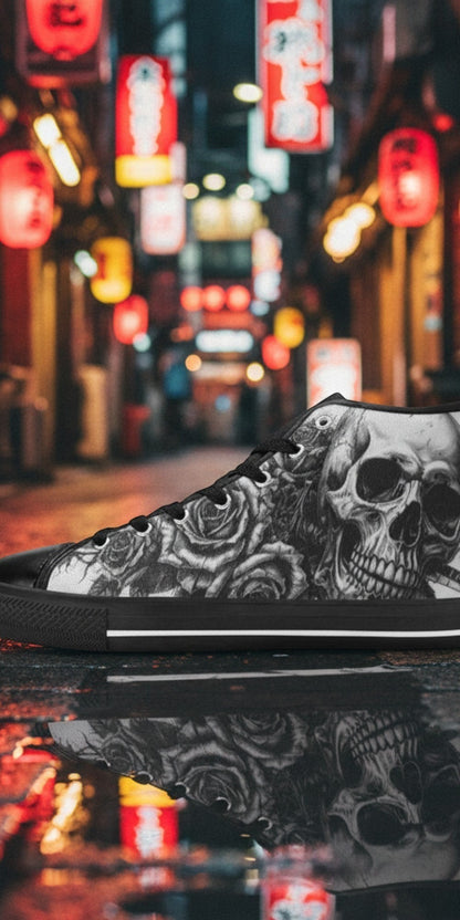 Men's Grey Gothic Dark Skull Art hand-made high-top canvas shoes — unique wearable art by Freaky Shoes