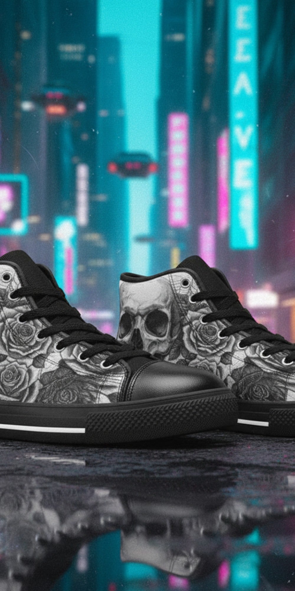 Women's Dark Art Gothic Skull high-top canvas shoes — one-of-a-kind custom printed art, Freaky Shoes