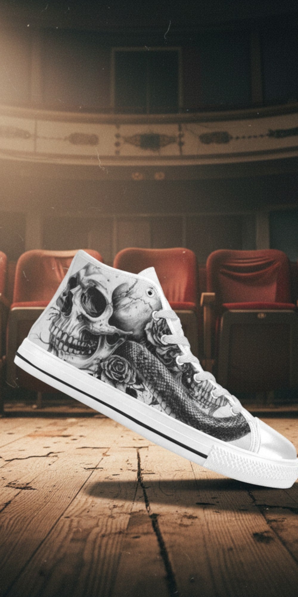 Women's Dark Art Rose Skull Gothic high-top canvas shoes, custom full-wrap printed design — Freaky Shoes