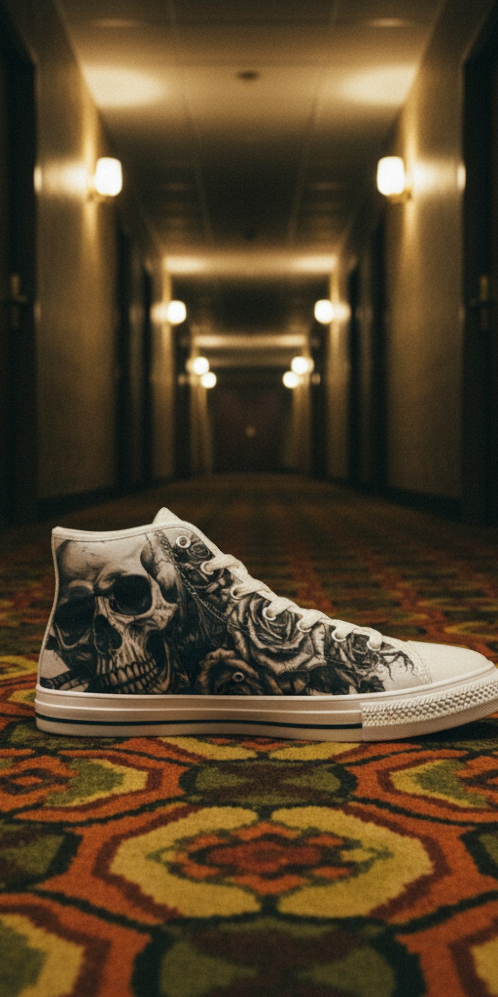 Women's Tattoo Skull Art Dark Gothic high-top canvas shoes, custom full-wrap printed design — Freaky Shoes