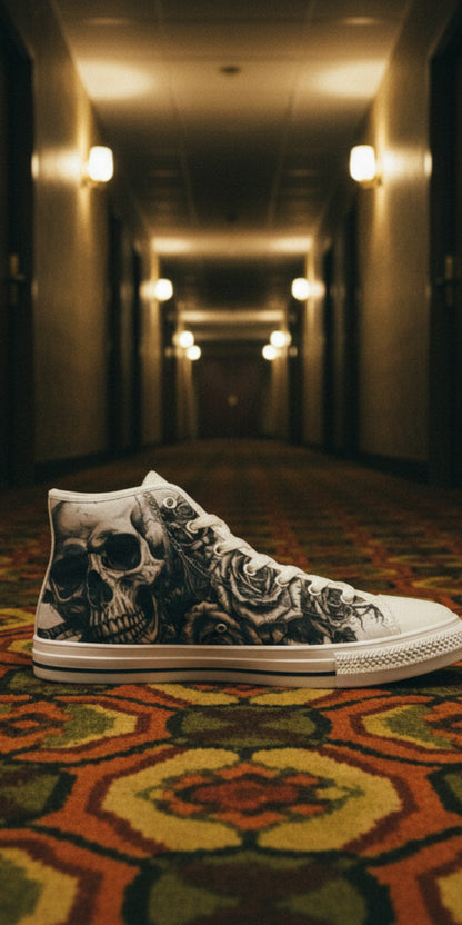 Women's Tattoo Skull Art Dark Gothic high-top canvas shoes, custom full-wrap printed design — Freaky Shoes