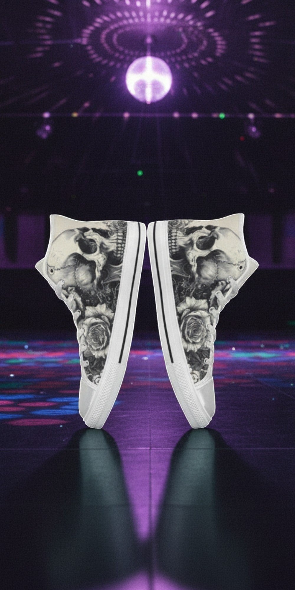 Women's Gothic Skull Art Dark Rose Collection high-top canvas shoes, custom full-wrap printed design — Freaky Shoes